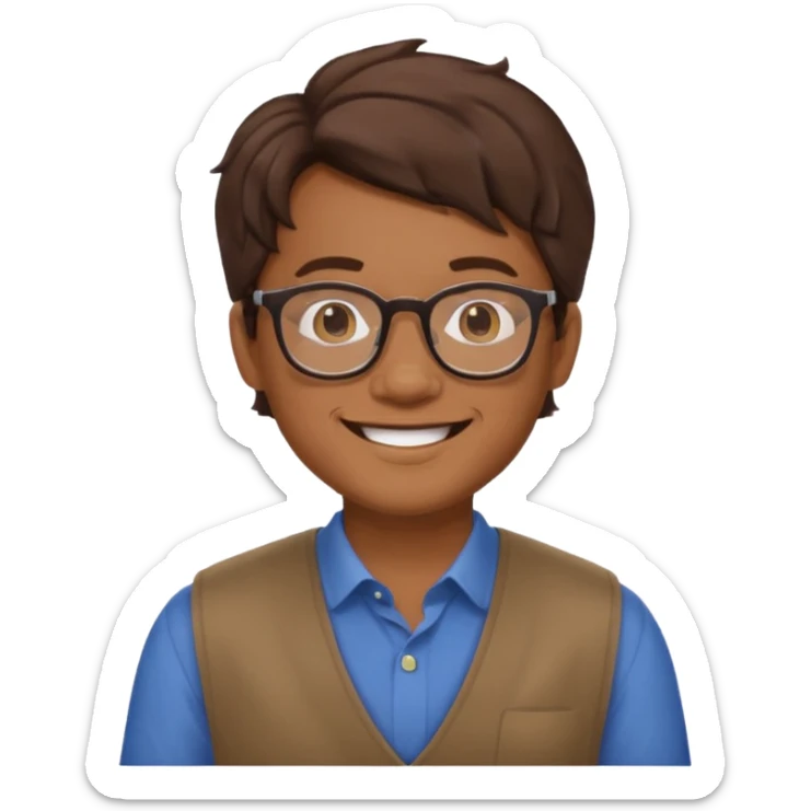 Filipino male, with goatie, wearing glasses, medium wavy length hair, brown sticker