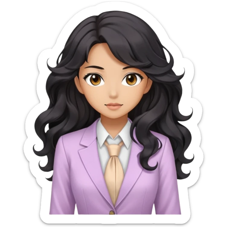 Pretty anime girl with flowing black wavy hair in a professional but feminine pastel outfit, confident boss lady pose sticker