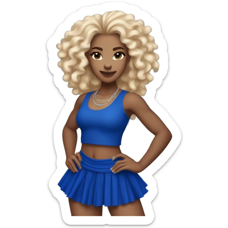 Dancer with light skin wearing royal Blue miniskirt and royal blue long tank top with blond wavy long hair. Holding silver pom poms.  sticker