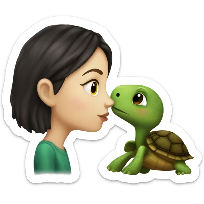 A white girl with dark hair kisses a little turtle sticker