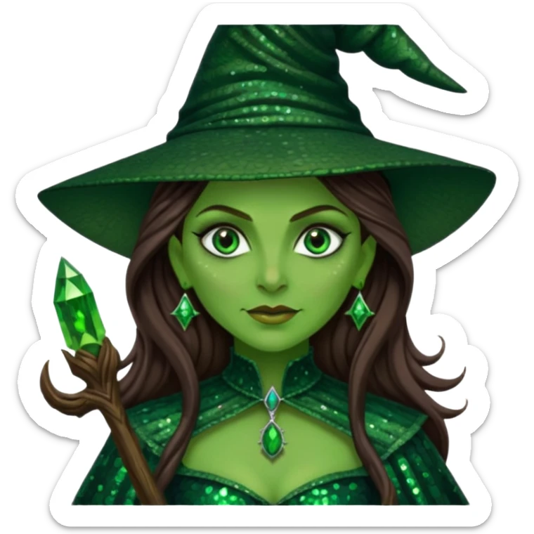 Elphaba, Wicked Witch of the West from The Wizard of Oz with long brown hair, dark green sequin outfit, green skin sticker