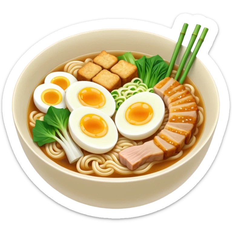 Delicious bowl of ramen noodles with miso soup broth base, bamboo, bok choy, eggs, pork, fish cakes, and green onions sticker