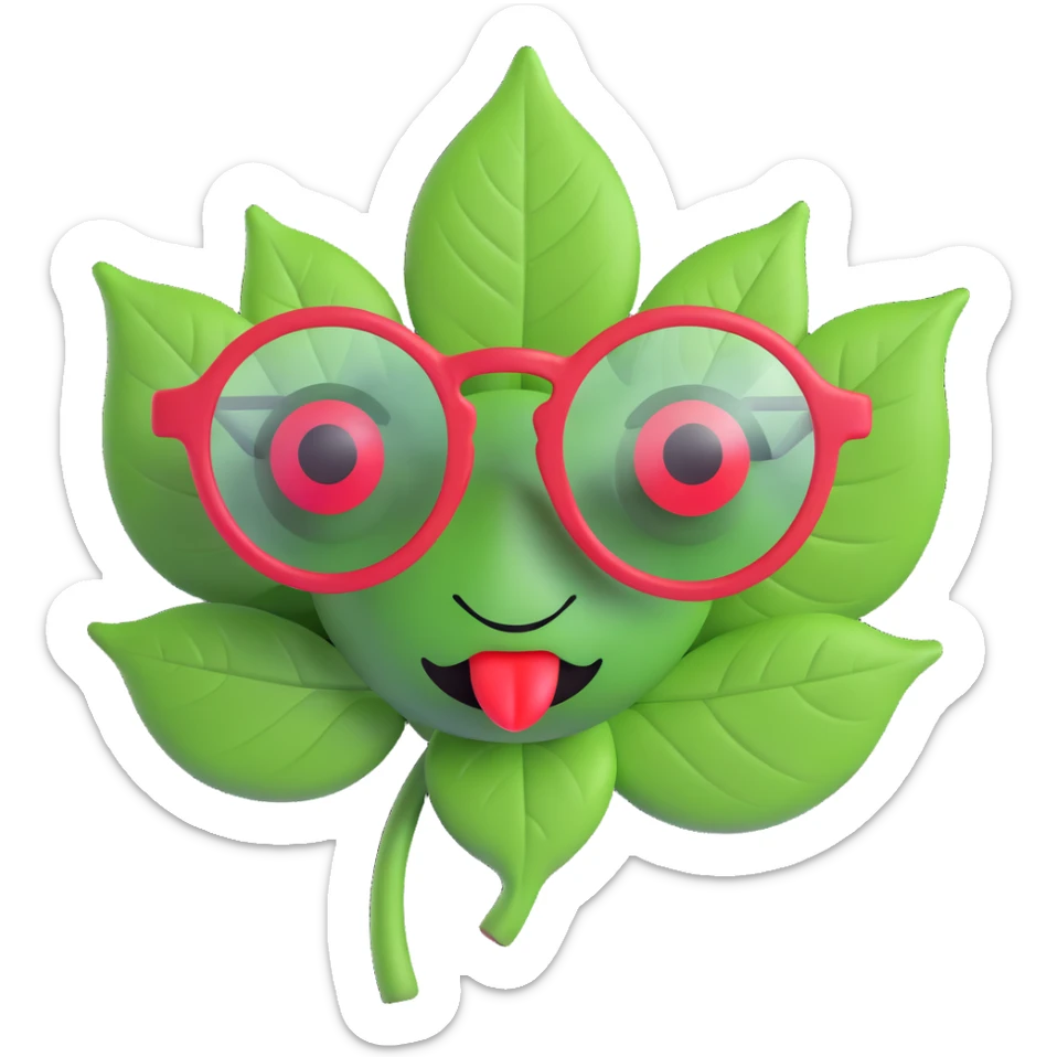 emoji with green leaf-shaped clear lens glasses, red eyes, smoke coming out of an O-shaped mouth sticker