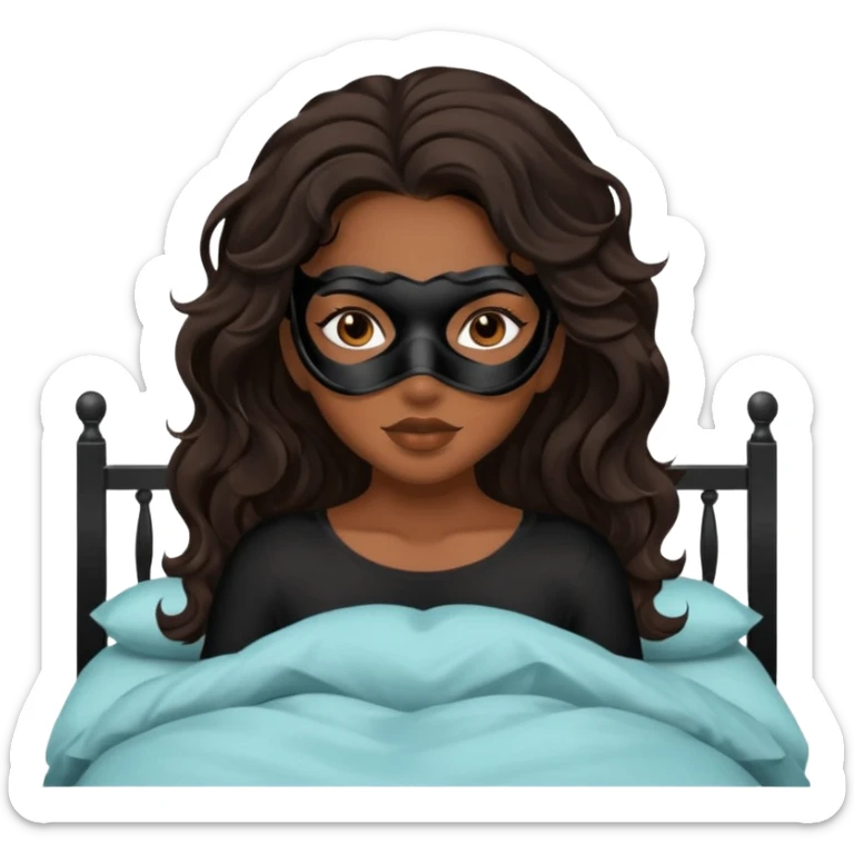 Um amenina super linda com cabelo marrom meio preto ondulado na cama com máscara no rosto sticker