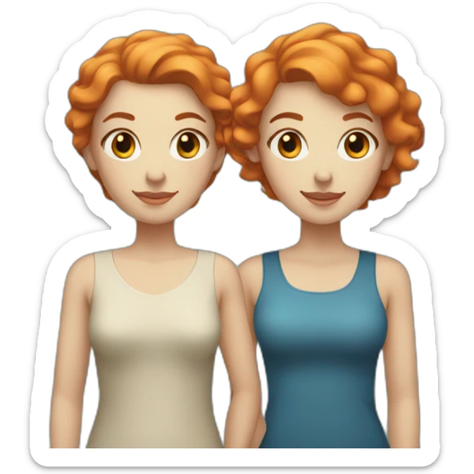 two white women holding hands, one with brown eyes and medium length orange hair, one with blue eyes and short teal hair sticker