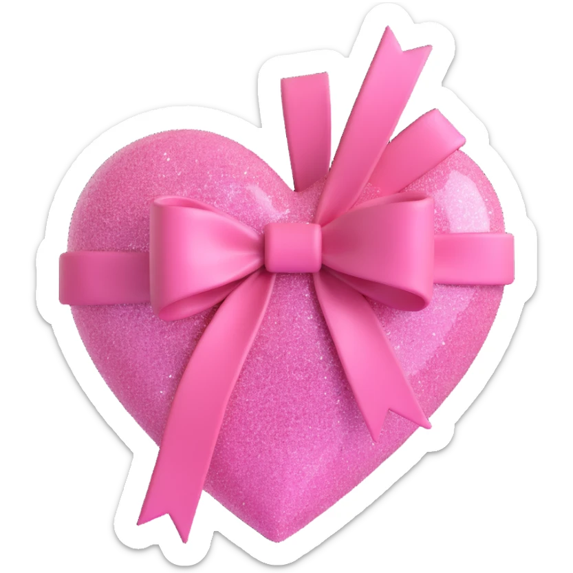 Add sparkles around the pink glittery heart with a pink bow, keeping the 3D emoji style and transparent background. sticker