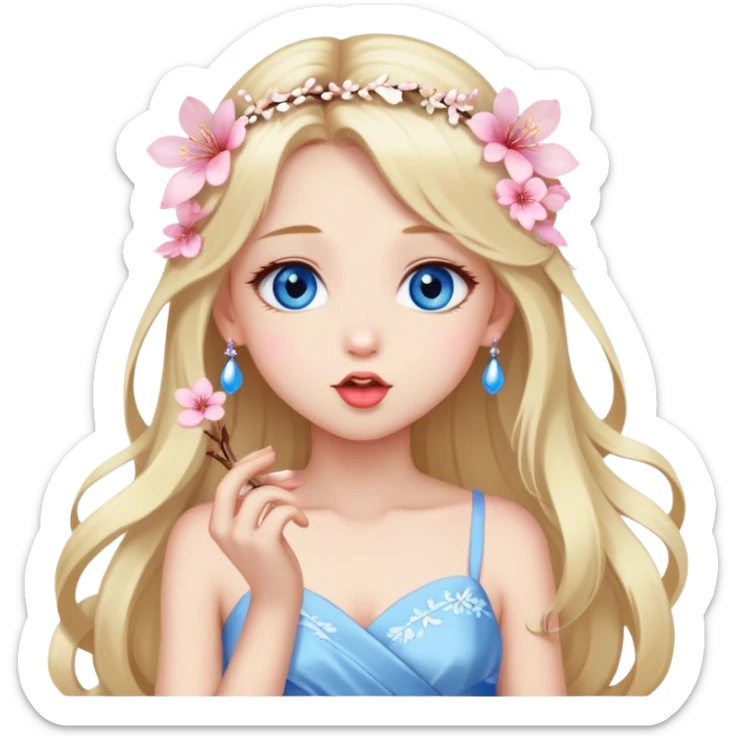 Girl with long blond hair and sakura accessories on her hair with a long tailed dress on the ground and have blue eyes beautiful finish and she sending lovely kisses  sticker