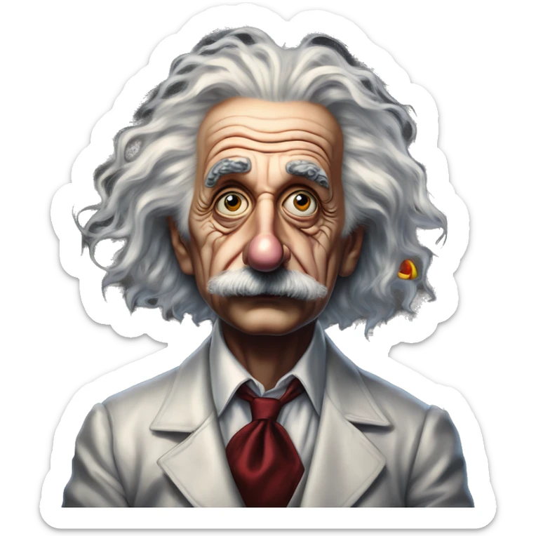 Einstein in Harley Quinn style, oil paint, mysterious eyes, intricate lips, masterpiece portrait, odd perspective, beautiful, desirable, logical sticker