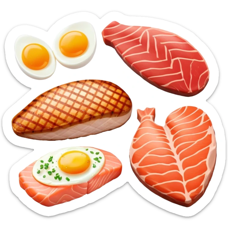 Four separate protein icons: a golden glowing chicken breast, a red meat steak, a smaller salmon fillet, and an egg, each with a subtle DNA strand behind it and muscle fiber pattern around the edges sticker