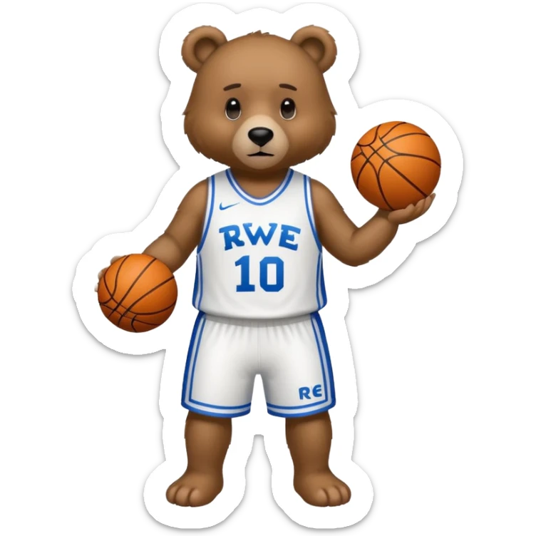 Bear with full body and wearing basketball white  jersey that says RWE  sticker