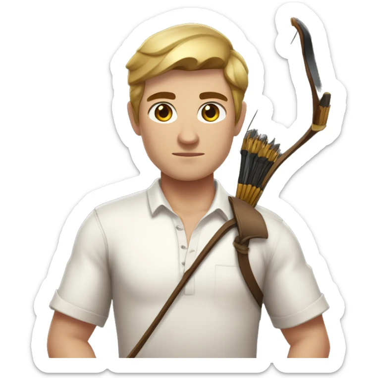 a male archer with a bow, wearing a white shirt, very short brown hair, bright skin, only show upper part of the body from waist up sticker