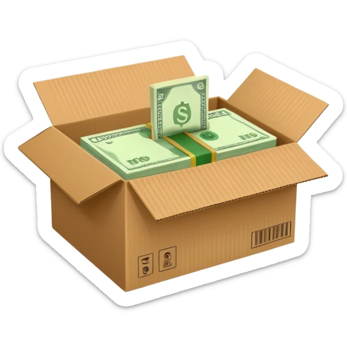 shipping box with a flat cash bill on the side of it sticker