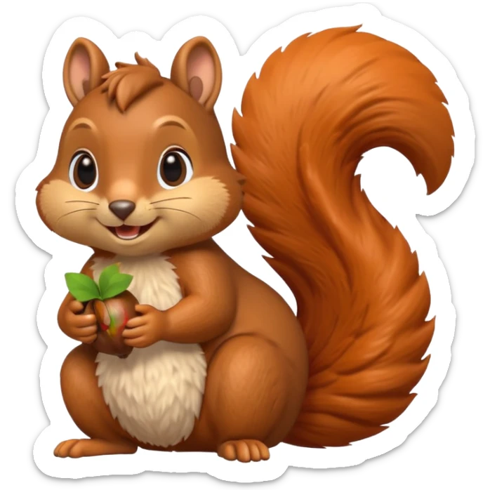 A 3D cartoon squirrel holding an acorn, fluffy tail curled up, orange-brown fur, happy face, soft natural light, Memoji-style look. sticker