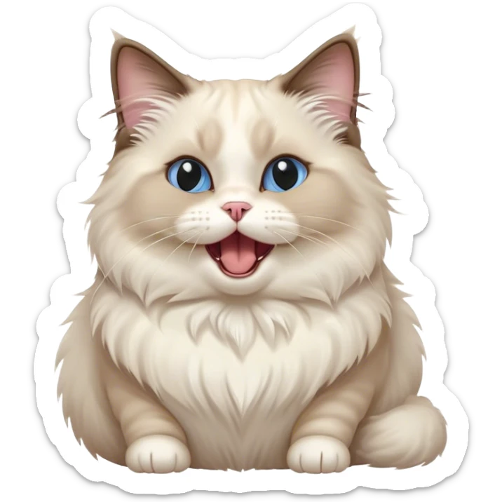 Cinematic Cute Chubby Ragdoll Cat Portrait Emoji, Head tilted playfully and yawning, round and plump body with soft, silky fur in a mix of light and darker points, Simplified yet adorable features, highly detailed, glowing with a warm, friendly glow, high shine, curious yet calm, stylized with a touch of whimsy, bright and endearing, soft glowing outline, capturing the essence of a mischievous yet loving and lazy kitty, so cute it feels like it could stretch out of the screen and cuddle! sticker