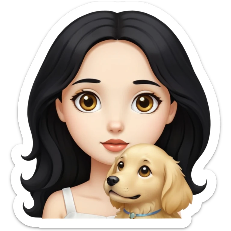 A beautiful girl with big eyes, fair skin, long black hair with white dress and a Golden Retriever sticker