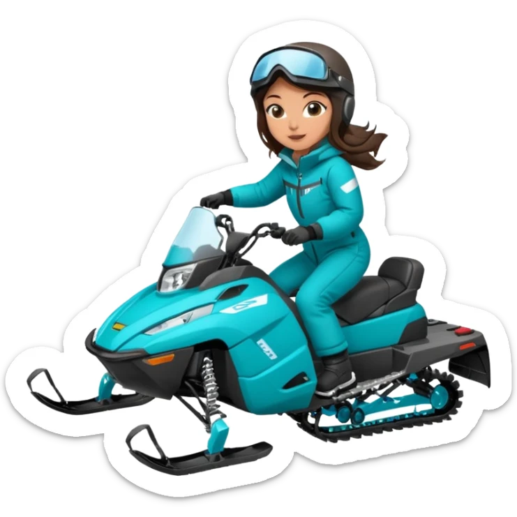 Can you create an emoji of a brunette girl on a teal polaris khaos 850 155 snowmobile doing a wheelie with snow flying sticker