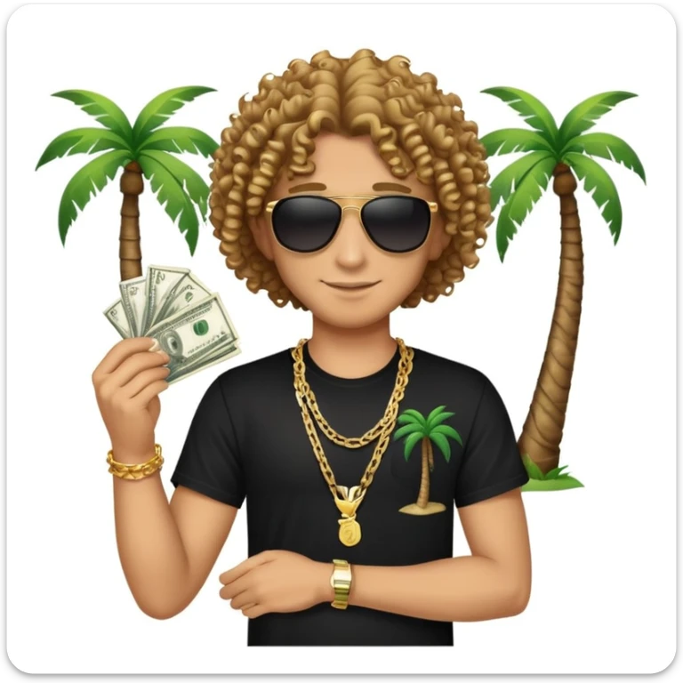 Happy mixed-race person with curly hair, black t-shirt, chain necklace, sunglasses, holding cash in both hands, palm tree beach background sticker
