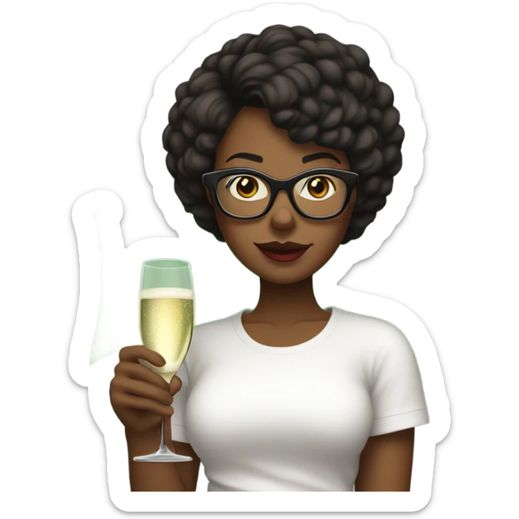 Short hair black woman with glasses woman in a white tee shirt with red, black, and green flag on it having a glass of champagne.  sticker