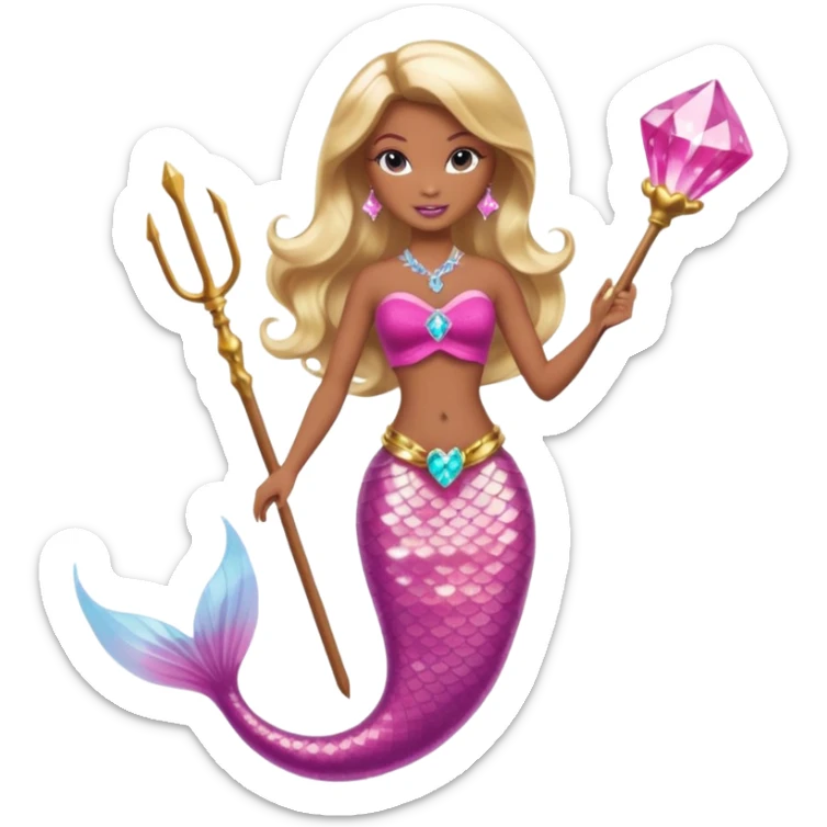 Brown skin blonde hair barbie mermaid with pink diamond tail and wand  sticker