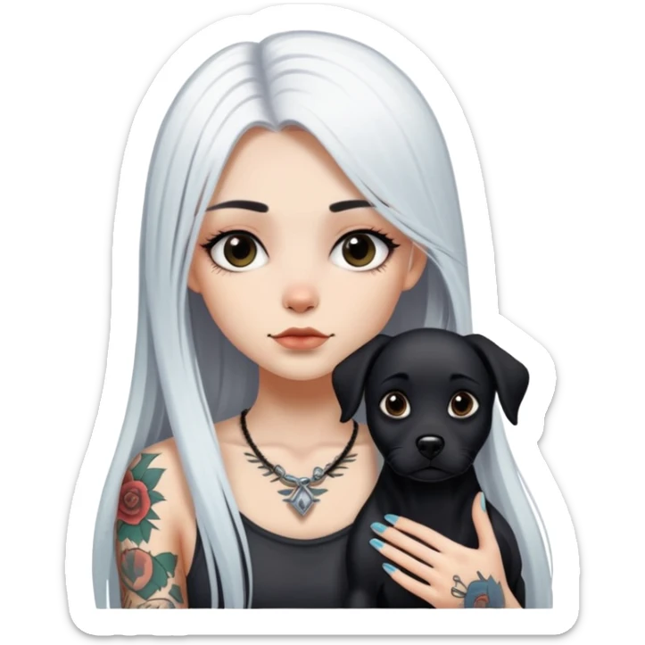 girl with long white  straight hair and tattoos and black dog sticker