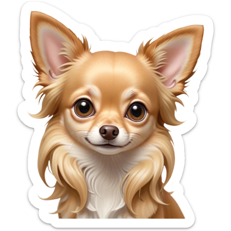 Cinematic Cute Long Haired Fawn Chihuahua Portrait Emoji, Head tilted playfully and inquisitively, silky long fawn hair with gentle highlights, round, sparkling dark eyes filled with curiosity, Simplified yet irresistibly adorable features, highly detailed, glowing with a warm, friendly glow, high shine, affectionate and lively, stylized with a touch of whimsy, bright and endearing, soft glowing outline, capturing the essence of a mischievous yet loving companion, so playful it feels like it could prance out of the screen and into your arms! sticker