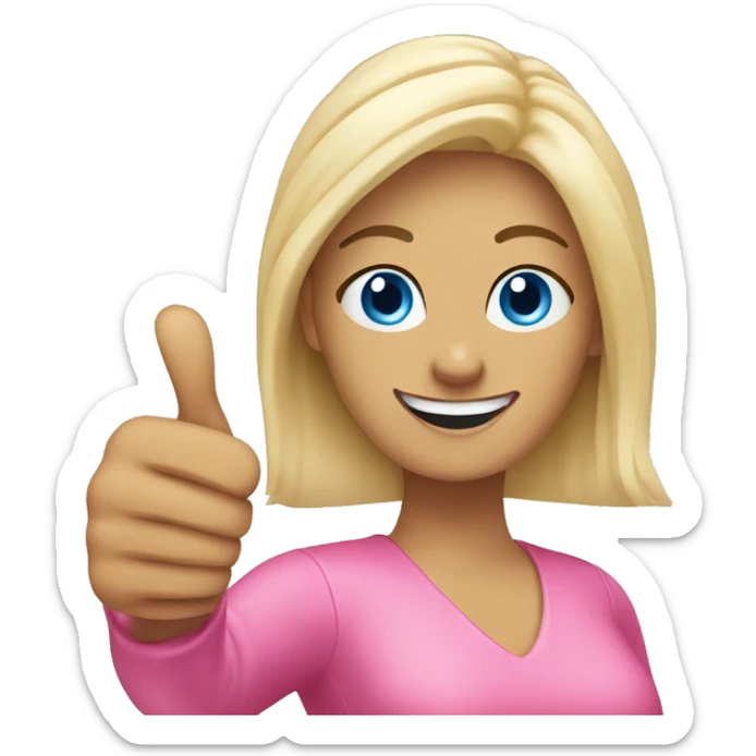 Attractive blonde blue eyed woman wearing pink giving thumbs up sticker