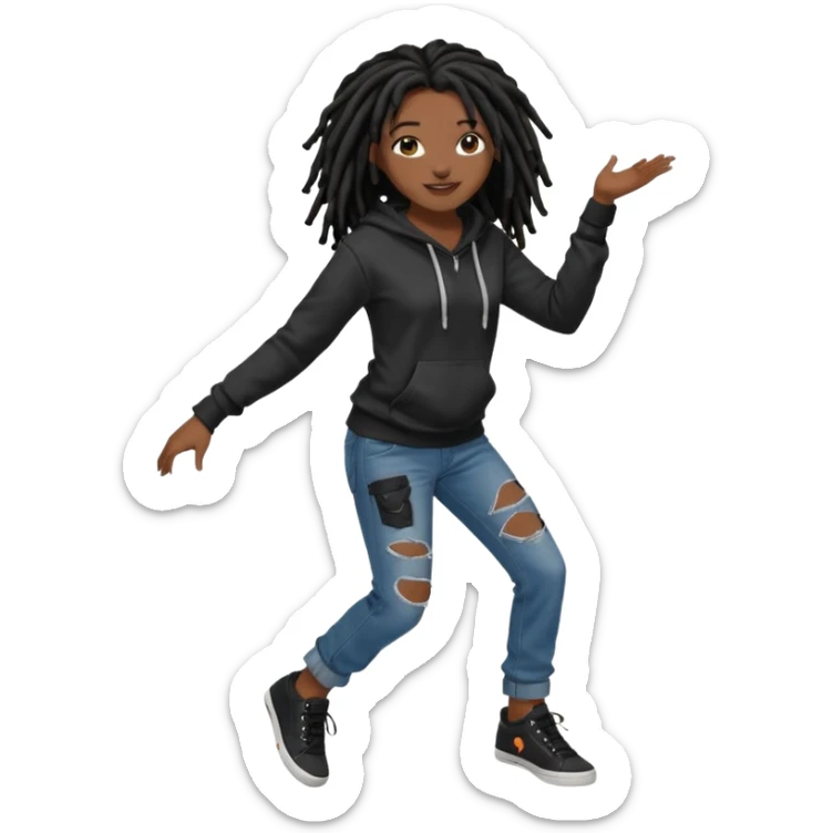 African American dark skin girl with black dreadlocks with brown tips wearing a plain black hoodie wearing denim jeans and shoes dancing in music video sticker
