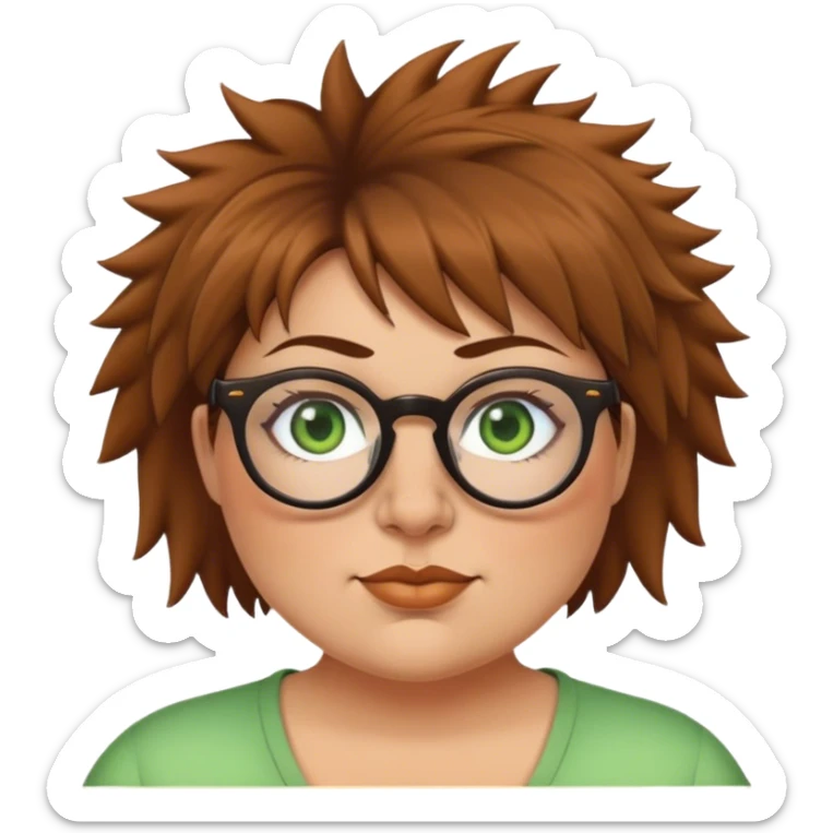  plus size white women round nose with short  brown shaggy spiked hair wearing glasses green eyes  sticker