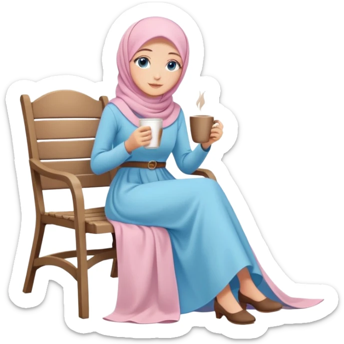 Turkish beautiful finish Konya girl blue eyes with pastel hijab long tail dress and sits on the chair on the ground and holds cup coffe with her hand  sticker