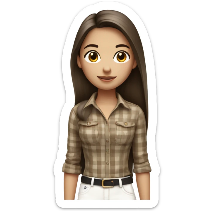 a brunette girl with long straight hair stands in a brown checkered shirt and white pants with a small black handbag sticker