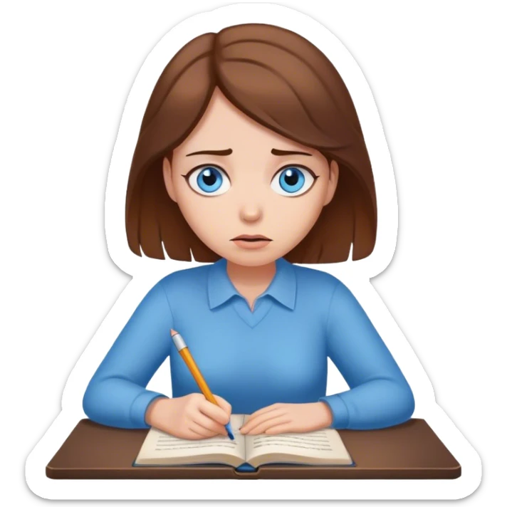 female writer, romantic, with brown hair, fair skin and blue eyes writing a book with a worried face sticker