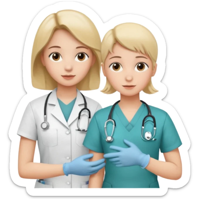 A young medic (woman) attending to a child at the local hospital sticker