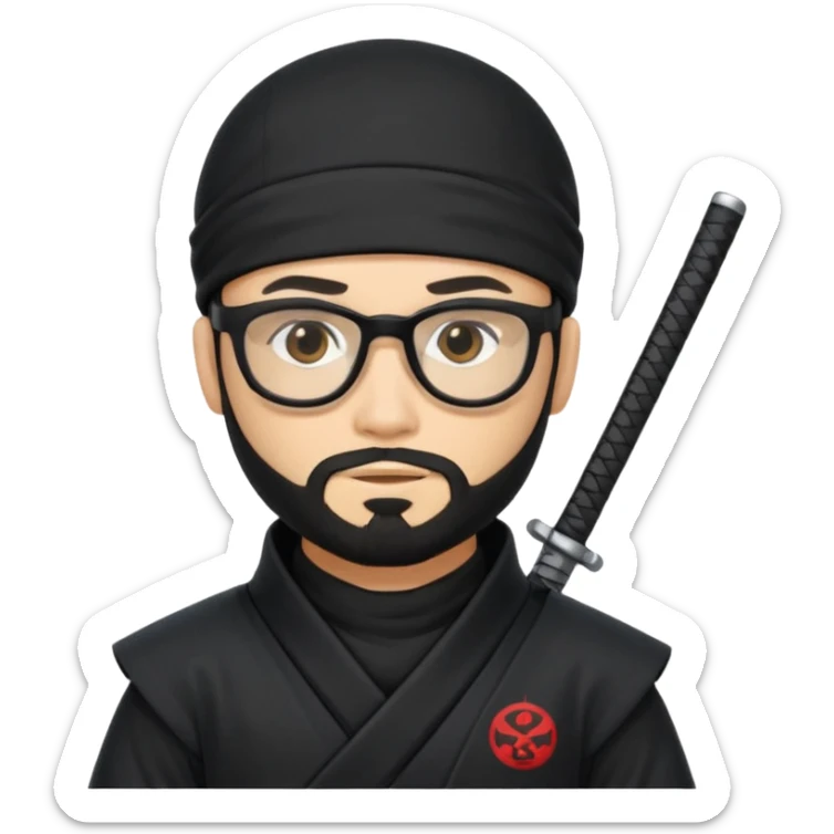 Man with black hair and beard wearing glasses in a ninja costume sticker