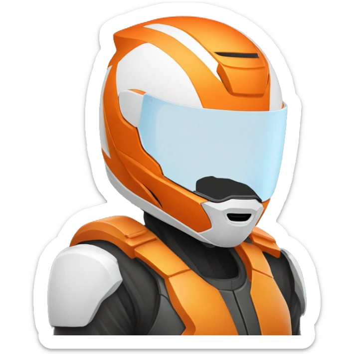 Un jeune homme au teint humain portant un casque de moto de couleur orange et blanc sticker