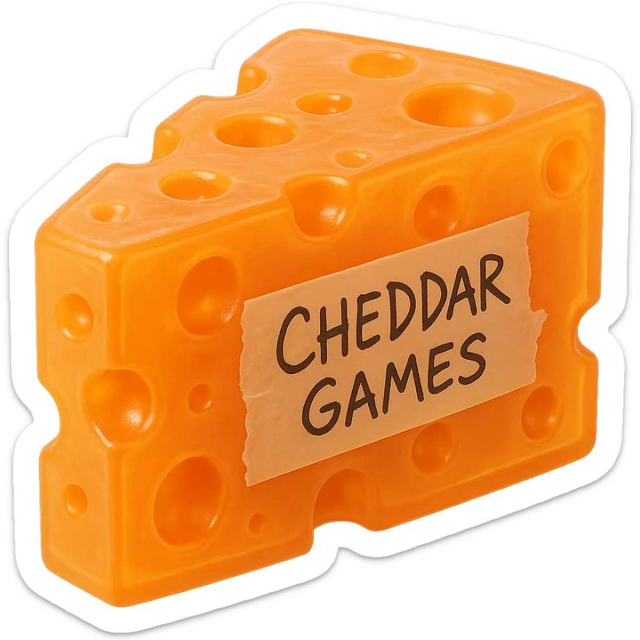 A clear, transparent orange block of cheddar cheese with holes like Swiss cheese, hyper-detailed plastic texture reminiscent of a 90's toy, soft reflections on soft flat plastic, soft and almost squishy appearance, some cloudiness, not shiny, hyper-realistic, retro, highly detailed, appealing, glowing slightly. A piece of tape messily taped to the side with 'Cheddar Games' written in messy Sharpie. Extremely high quality, no background. sticker