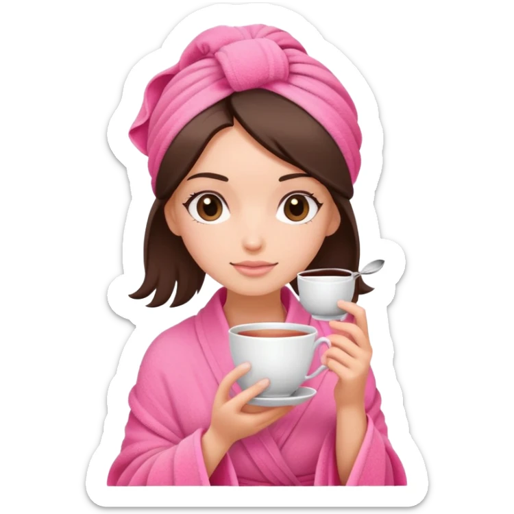 brunette girl hair wrapped in pink towel holding tea with both hands sticker