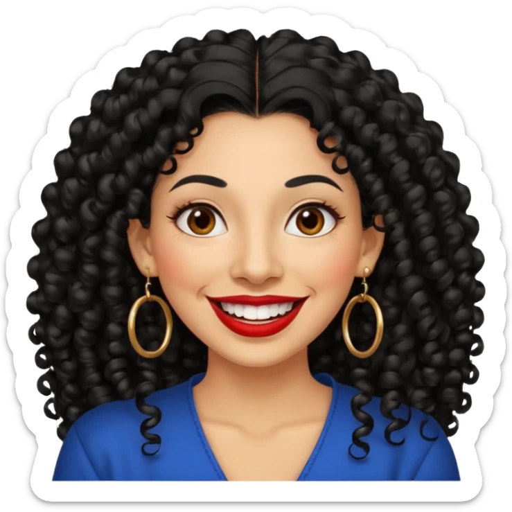 40 yr old peruvian woman, very curly long black hair, red lipstick, big smile, white teeth, brown eyes, hoop earings sticker