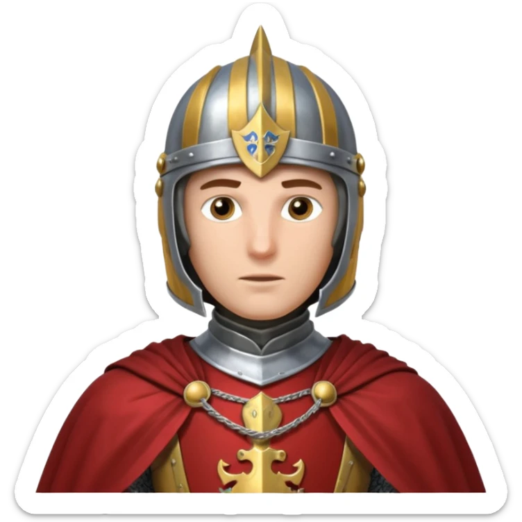 medieval knight horse rider portrait, head and shoulders only, polished steel armor collar, royal cape clasp, helmet partially visible, intense heroic eyes, fantasy medieval vibe, dramatic lighting, 3D cartoon, mobile game icon style, clean background, no text, no watermark
 sticker