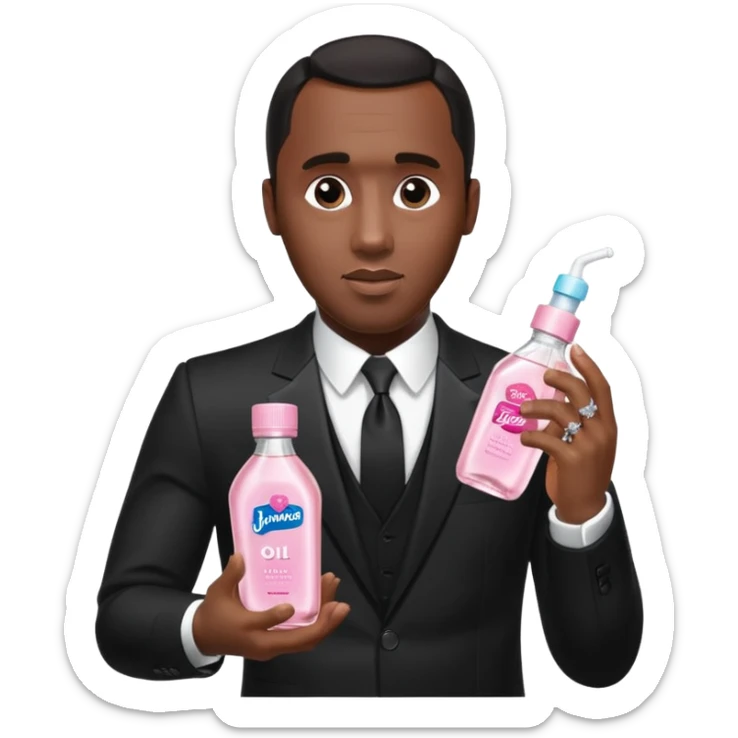 A realistic product shot of a transparent bottle of Johnson’s Baby Oil by Johnson & Johnson, featuring a soft pink label. The oil inside is crystal clear and glossy. Sean "Diddy" Combs in black suit is holding the bottle sticker