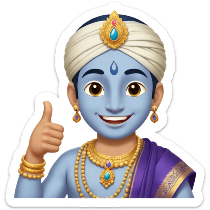 a playful and friendly depiction of the Hindu god Krishna with light gray skin, giving a flirty smile that shows his teeth, winking his right eye. He’s striking a two thumbs up. Dressed in traditional attire with a modern twist, set against a soft, divine glow that highlights his joyful and charismatic personality. sticker