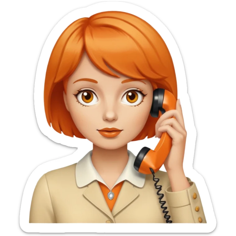 upper body of a woman with short orange hair talking on a white 70s phone sticker