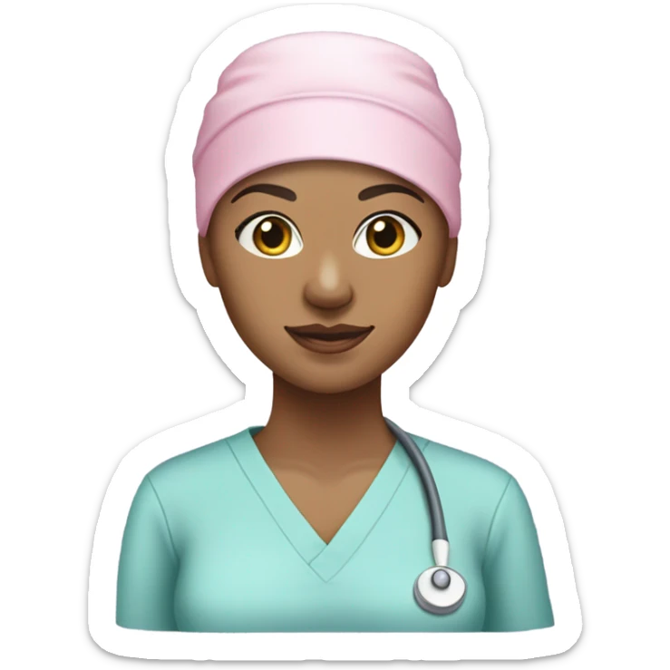 Female surgeon in cotton candy colored scrub cap with no hair showing and wearing a mask fair skin tone sticker