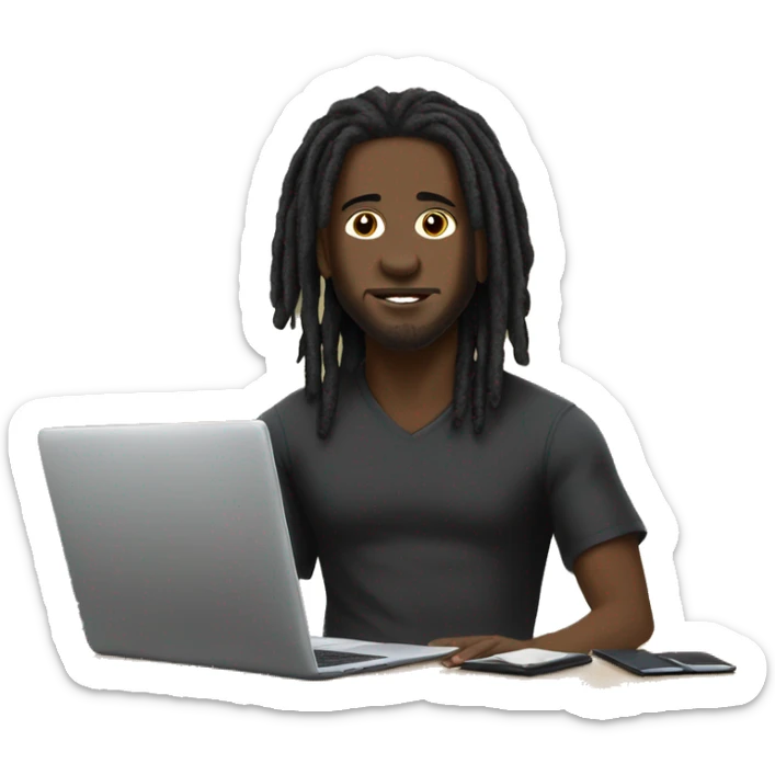 Black-guy-with-dreads-wearing-black-trackstuit-sitting-down-on-chair facing-foward-focused-on-laptop-computer- sticker