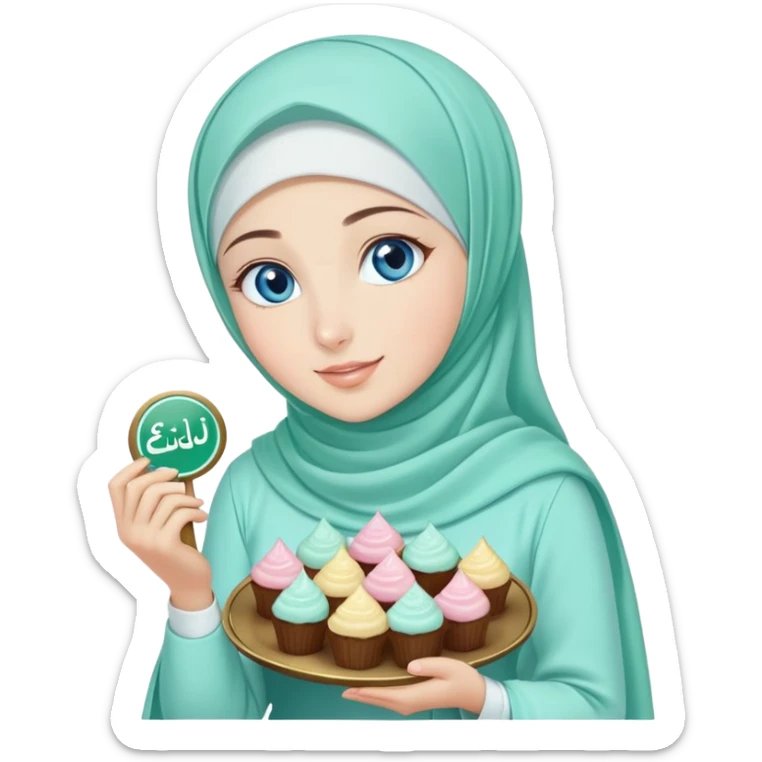Turkish beautiful finish Konya girl blue eyes with mint hijab islamic dress and had on her hand text Eid Mubarak with sweets and celebrating with her friends eid days   sticker