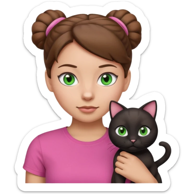 girl emoji with blue eyes, light skin, brown hair in a bun, wearing a pink t-shirt, with a black cat with green eyes, both looking forward sticker