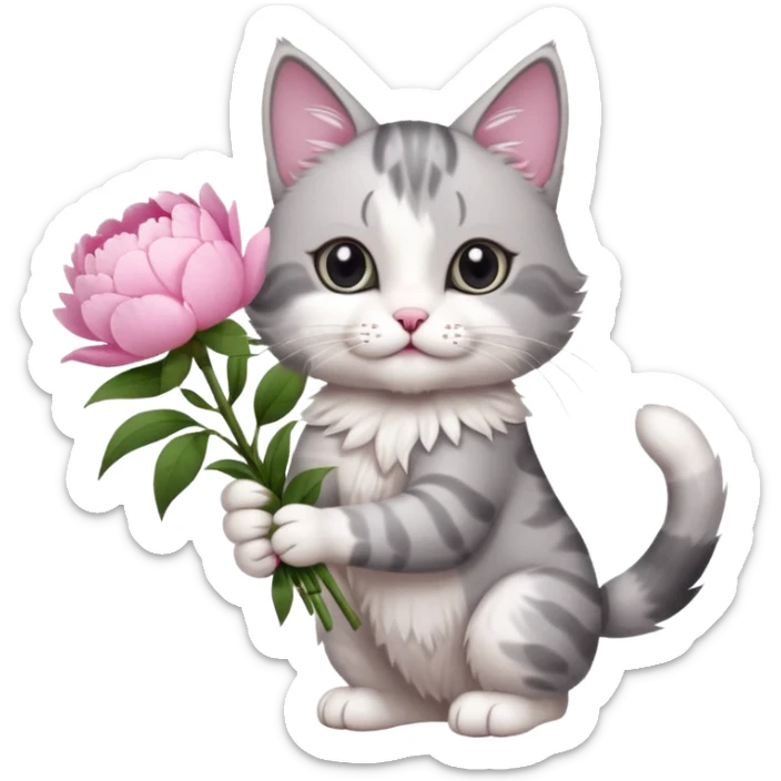 Cute cat Handing pink peonies like reaching a hand and handing them out a bouquet of them not a physical hand the cats hand  make the cat fluffy and grey and white  sticker