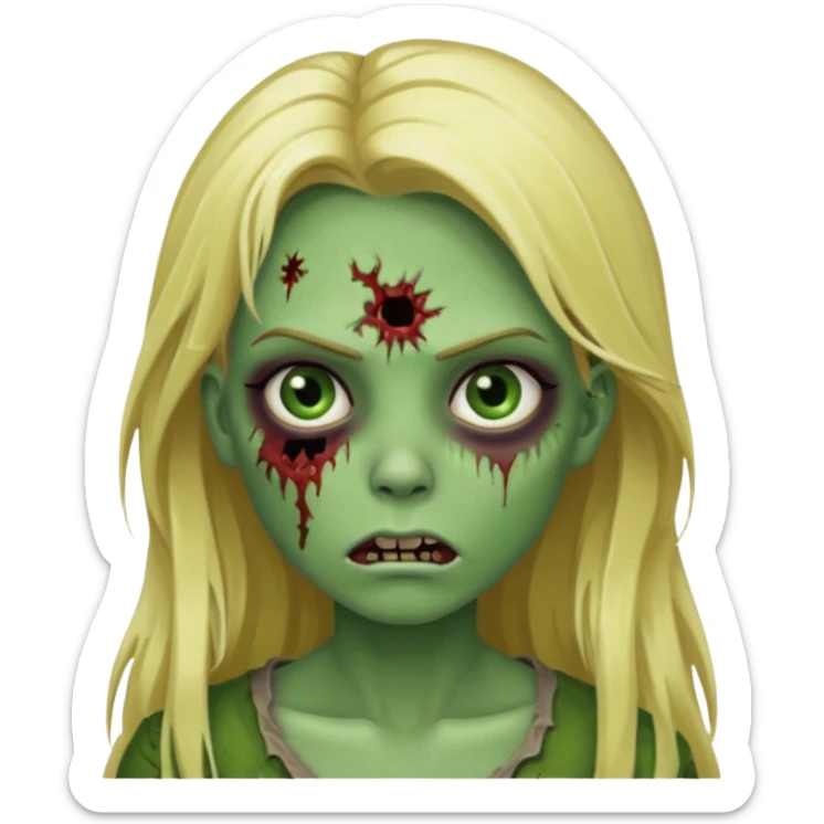 girl zombie with blonde long hair green skin and with no angry face sticker