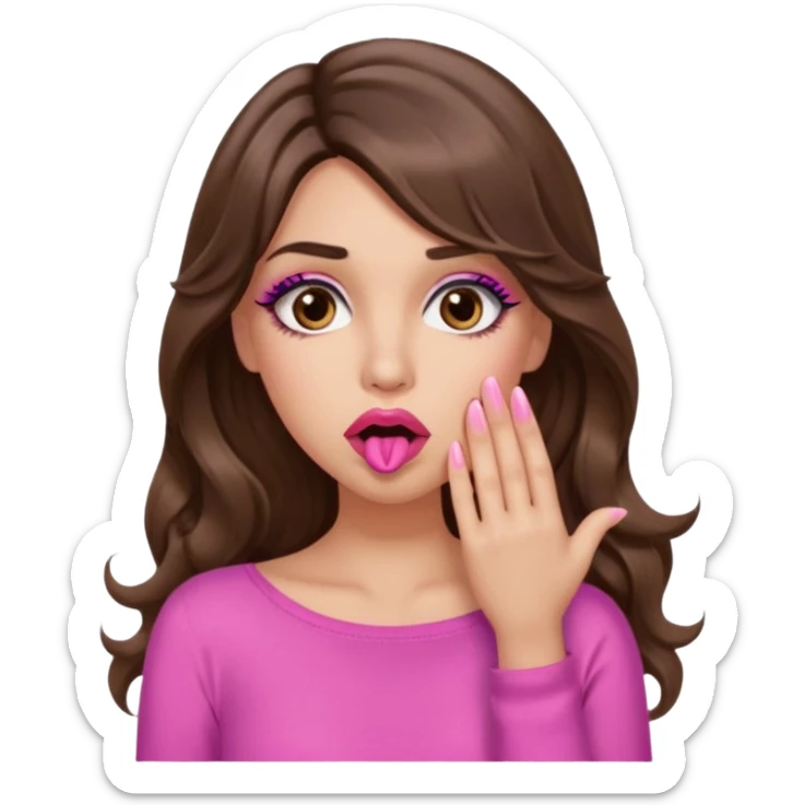 girl with long wavy brown hair, brown eyes, long lashes makeup, sexy pink lips, light to medium complexion, pink sexy top, shocked, hand covering mouth sticker