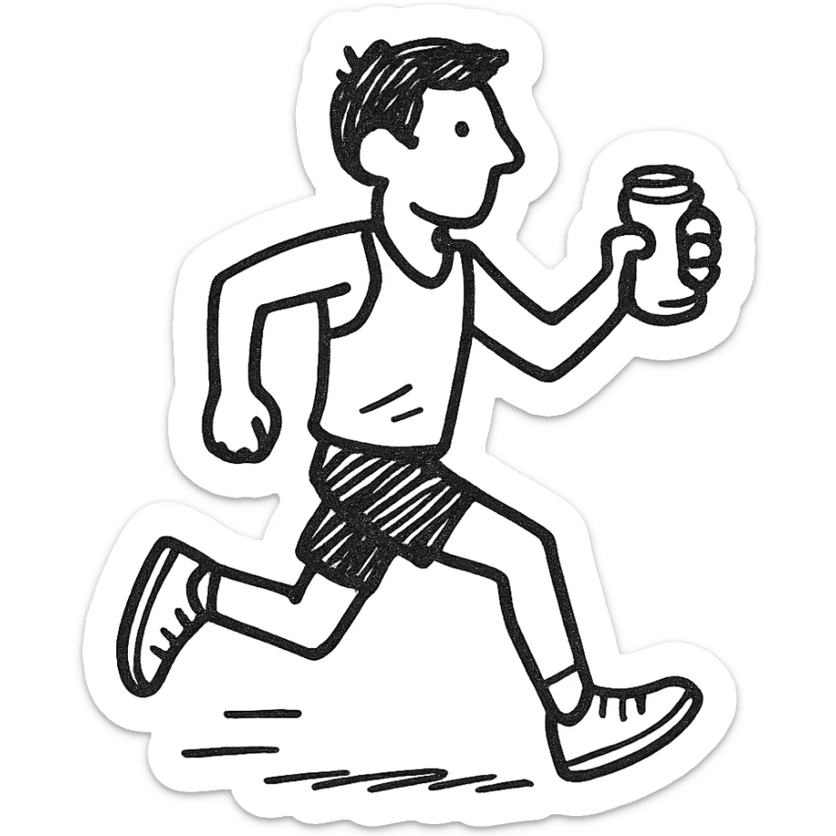 A male runner holding a can sticker