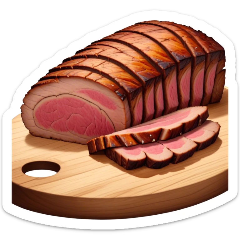 Cinematic smoked brisket, deep mahogany crust, perfectly sliced to reveal juicy marbled meat, warm smoky aroma, served on a wooden board, rich and flavorful, ultra-detailed and appetizing. sticker